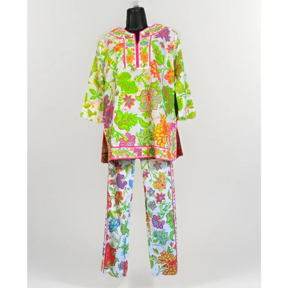 Gretchen Scott Glorious Split Neck Tunic Top & Pants Women’s Floral Small - Picture 1 of 16